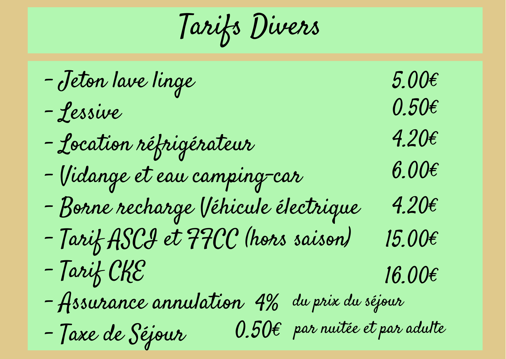 Tarifs Divers