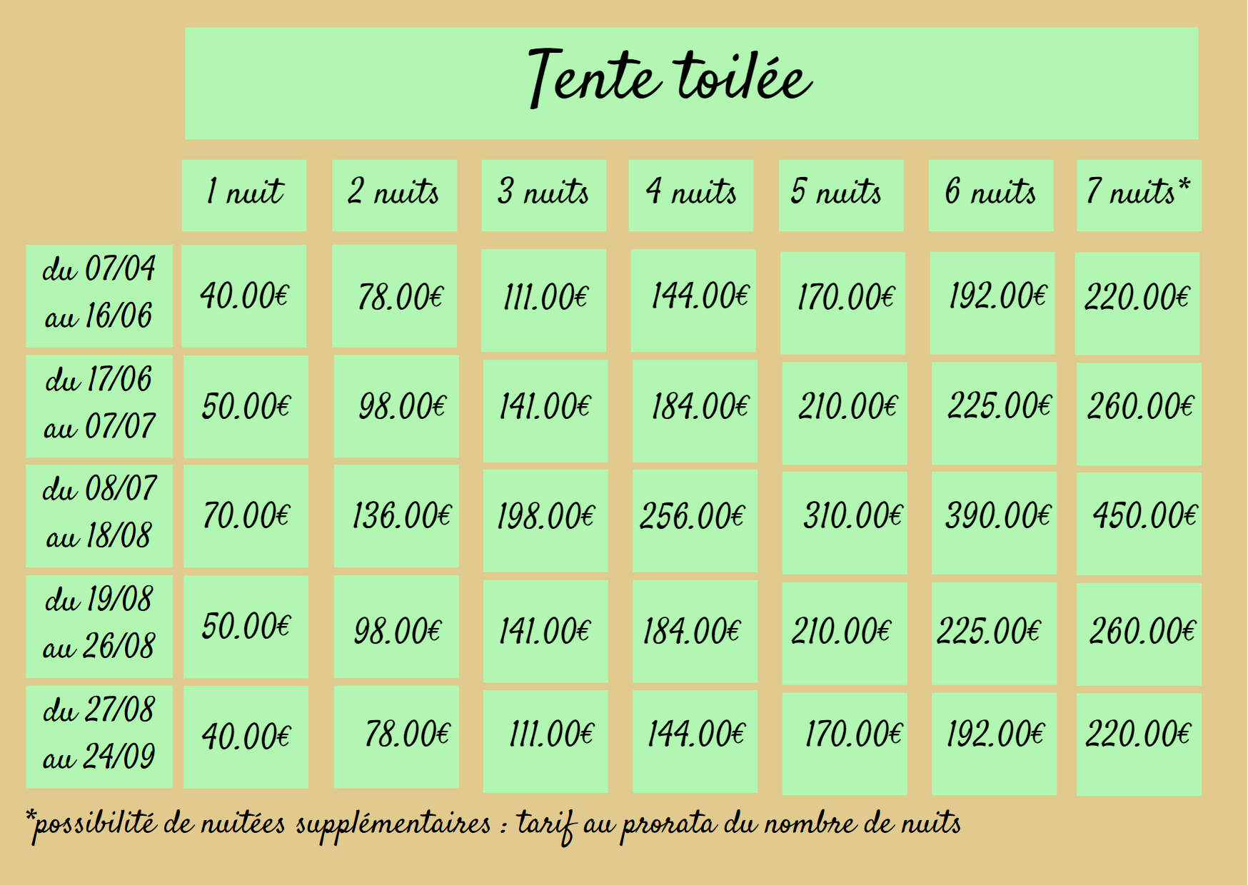 Tarifs Tente toile 2023 2