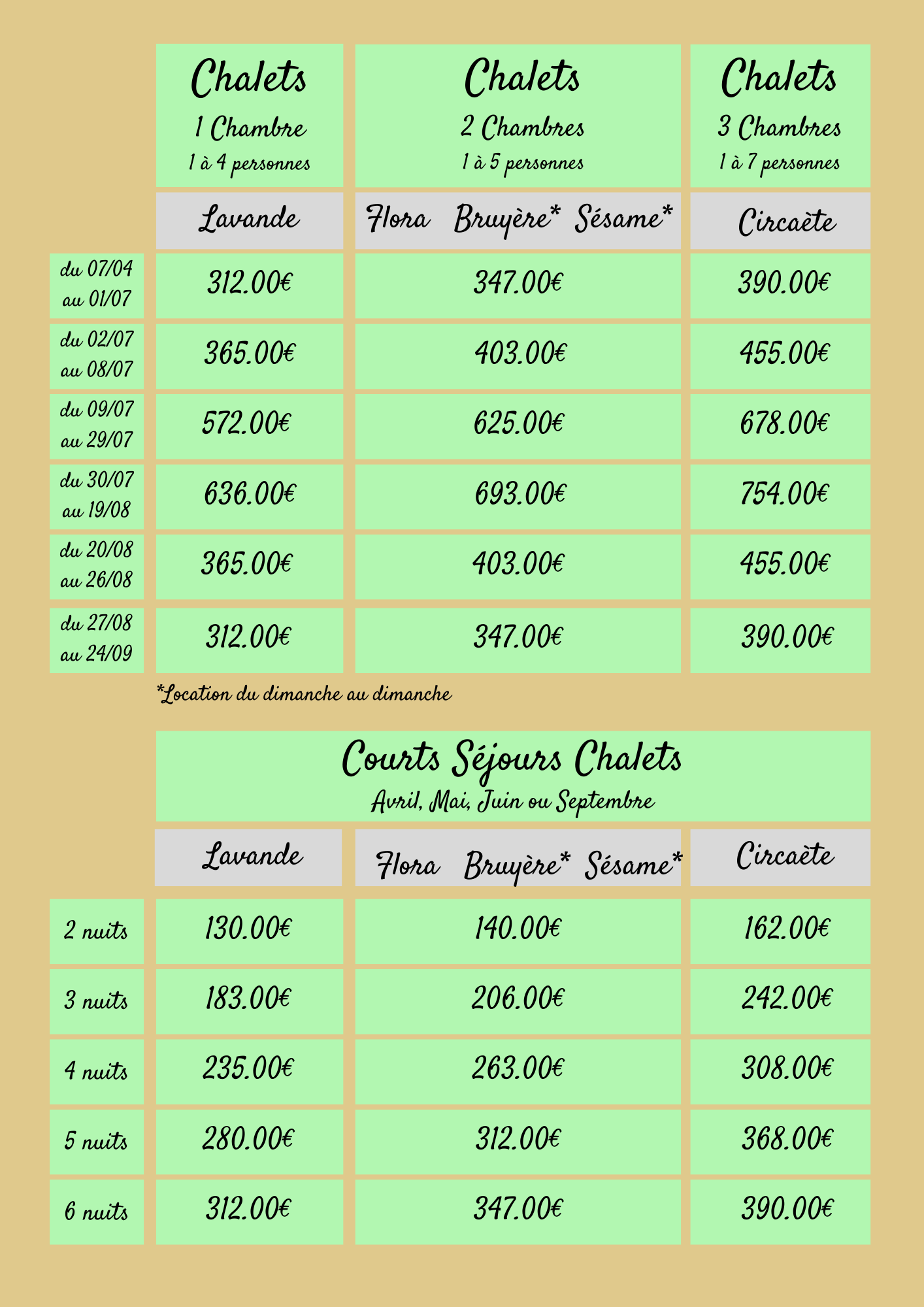 Tarifs chalets 2023